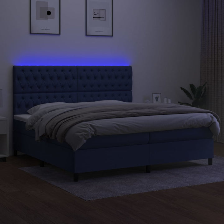 kontinentalseng med LED-lys 200x200 cm stof blå