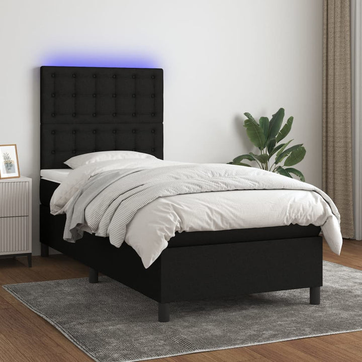 kontinentalseng med LED-lys 90x200 cm stof sort