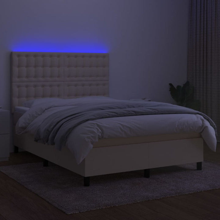 kontinentalseng med LED-lys 140x200 cm stof cremefarvet