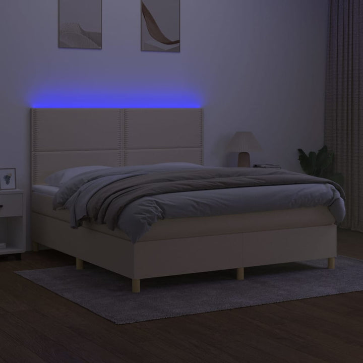 kontinentalseng med LED-lys 180x200 cm stof cremefarvet