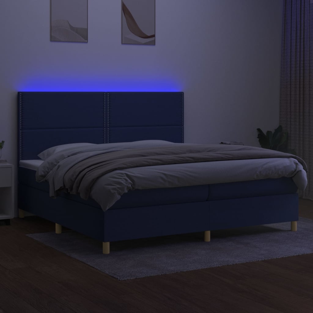 kontinentalseng med LED-lys 200x200 cm stof blå