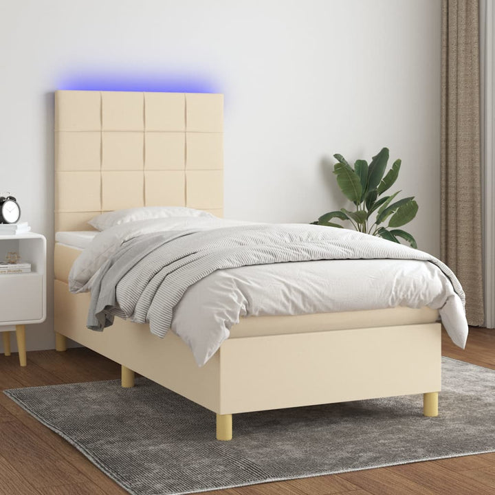 kontinentalseng med LED-lys 90x190 cm stof cremefarvet