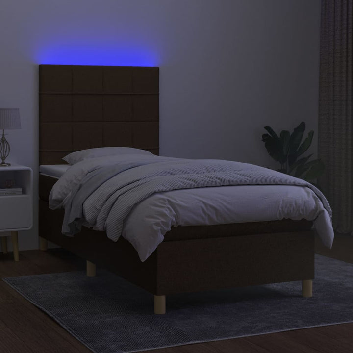 kontinentalseng med LED-lys 90x200 cm stof mørkebrun