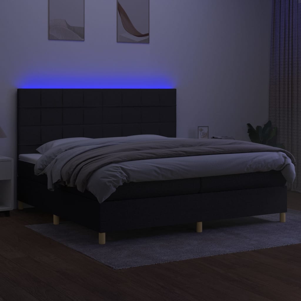 kontinentalseng med LED-lys 200x200 cm stof sort