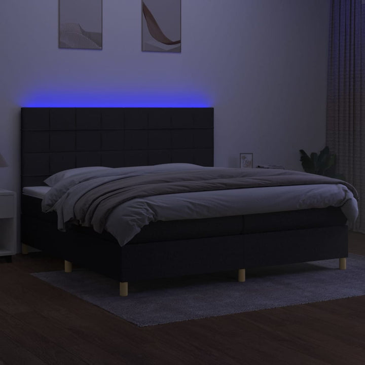 kontinentalseng med LED-lys 200x200 cm stof sort