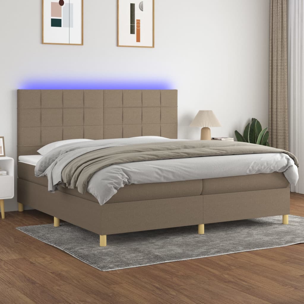 kontinentalseng med LED-lys 200x200 cm stof gråbrun