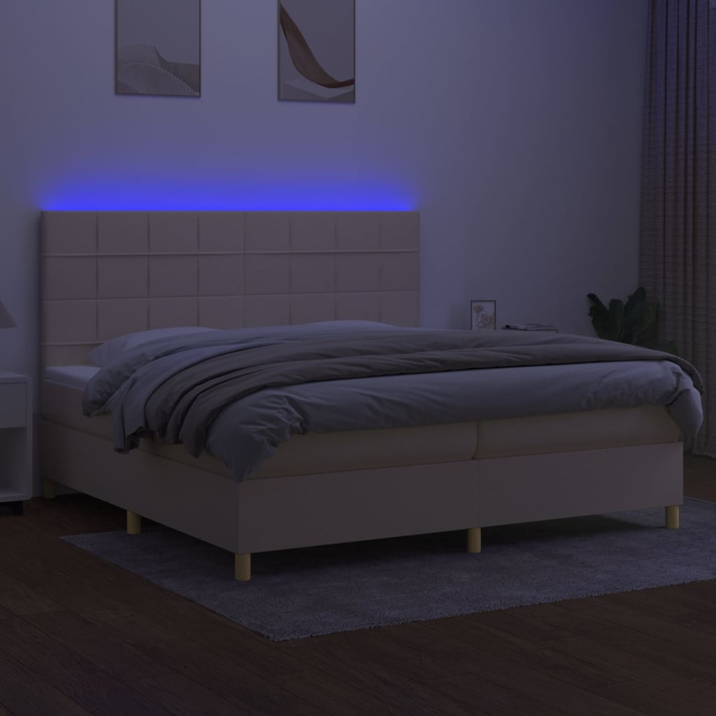 kontinentalseng med LED-lys 200x200 cm stof cremefarvet