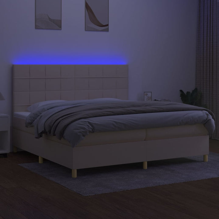 kontinentalseng med LED-lys 200x200 cm stof cremefarvet