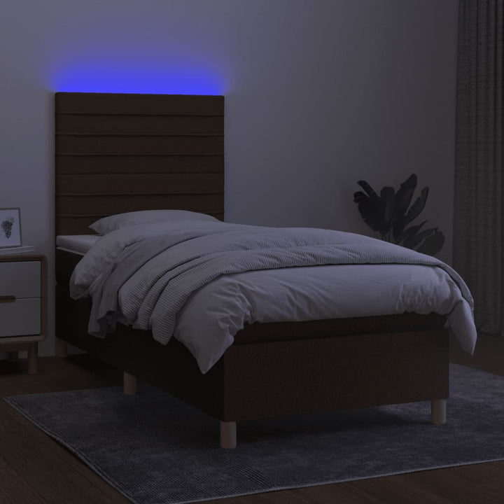 kontinentalseng med LED-lys 100x200 cm stof mørkebrun