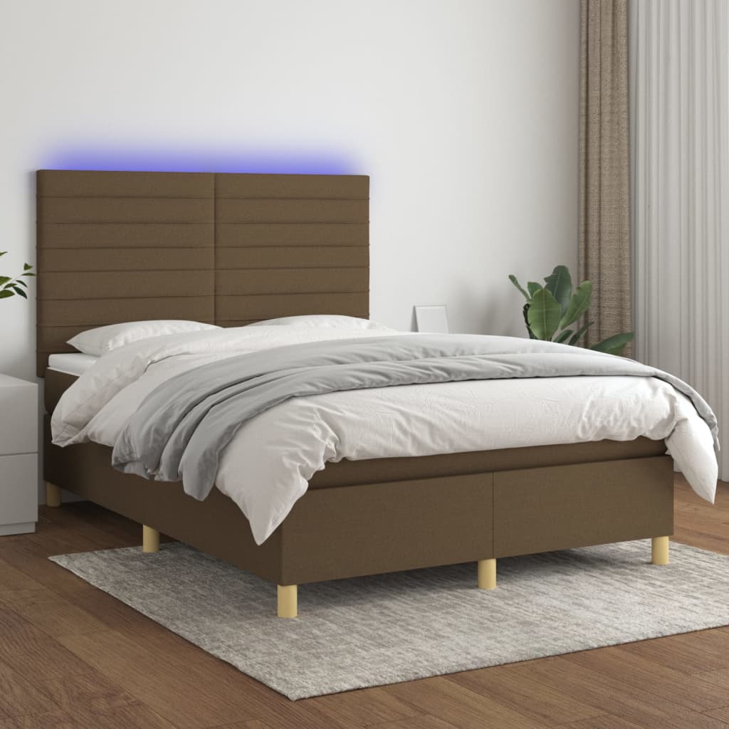 kontinentalseng med LED-lys 140x190 cm stof mørkebrun