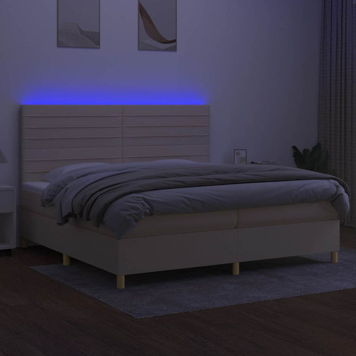 kontinentalseng med LED-lys 200x200 cm stof cremefarvet