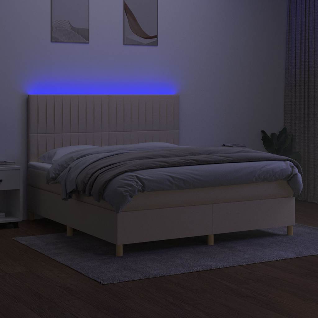 kontinentalseng med LED-lys 180x200 cm stof cremefarvet