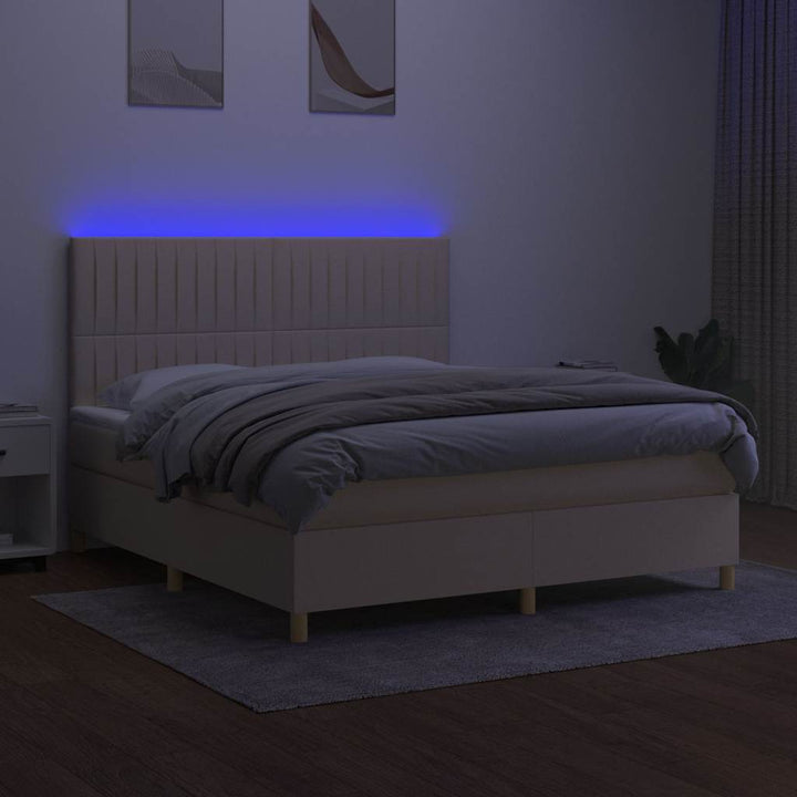 kontinentalseng med LED-lys 180x200 cm stof cremefarvet