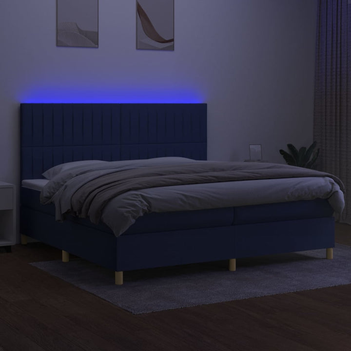 kontinentalseng med LED-lys 200x200 cm stof blå