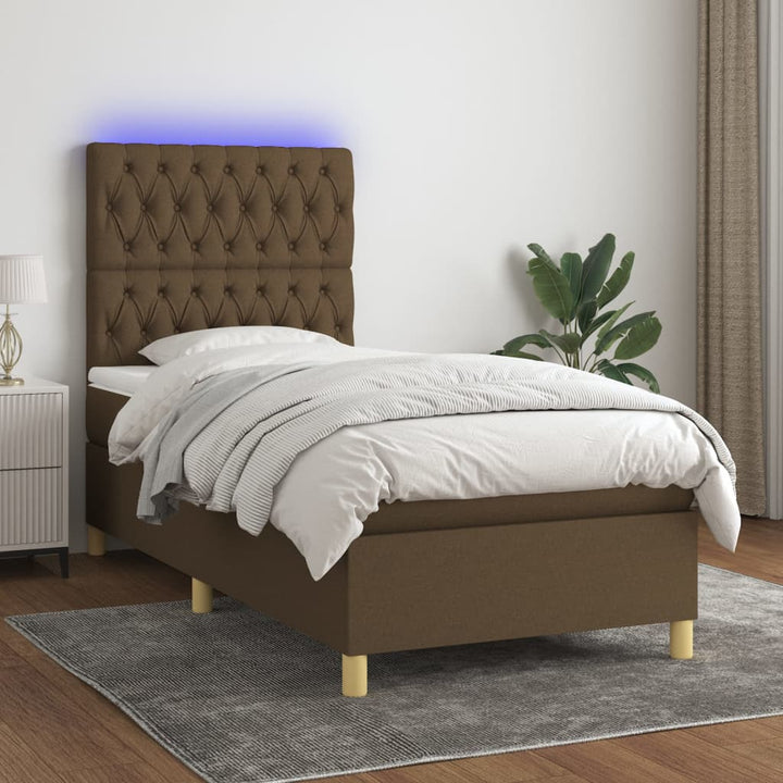 kontinentalseng med LED-lys 90x190 cm stof mørkebrun