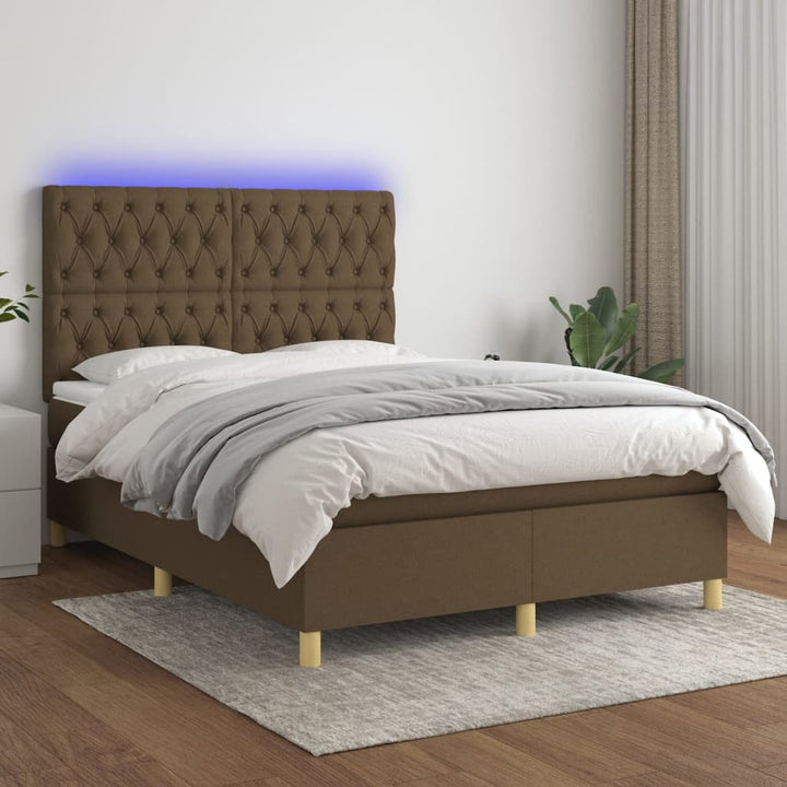 kontinentalseng med LED-lys 140x190 cm stof mørkebrun