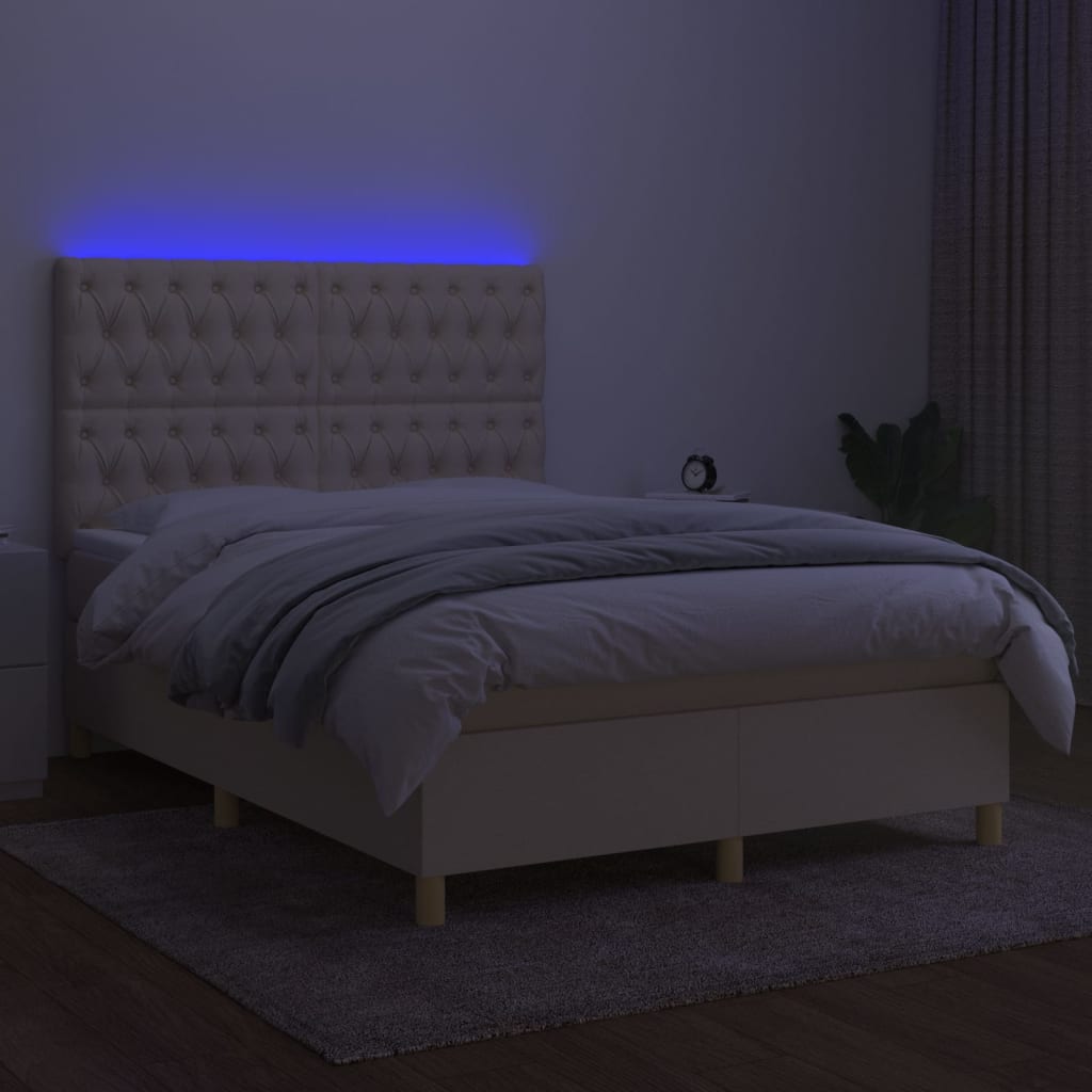 kontinentalseng med LED-lys 140x200 cm stof cremefarvet