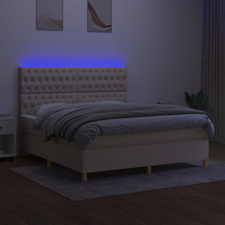 kontinentalseng med LED-lys 160x200 cm stof cremefarvet