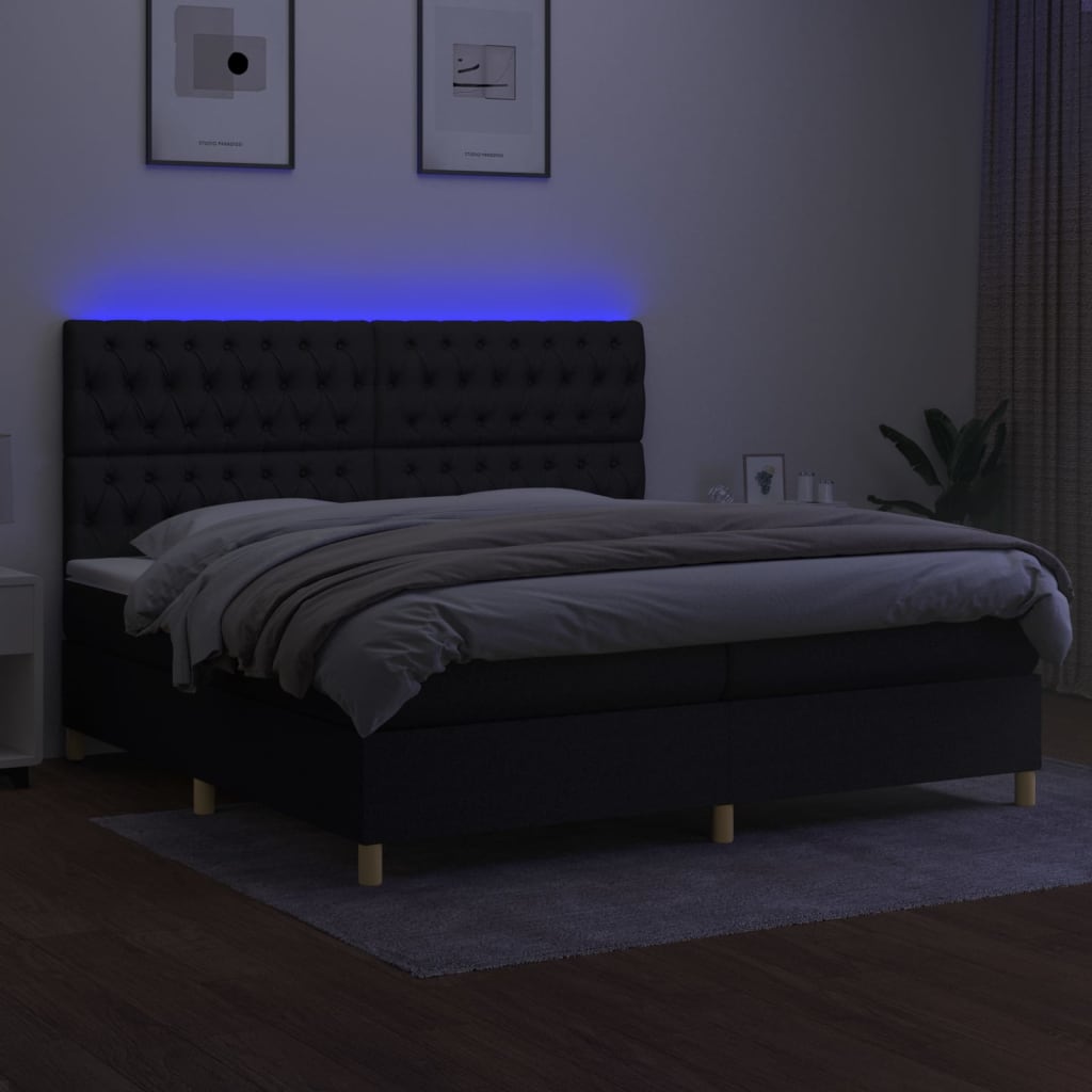 kontinentalseng med LED-lys 200x200 cm stof sort