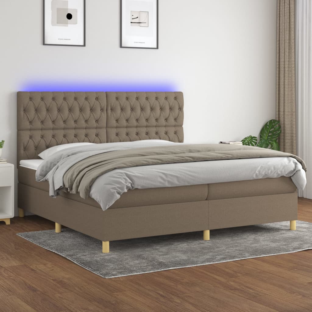 kontinentalseng med LED-lys 200x200 cm stof gråbrun