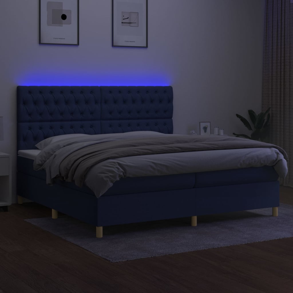 kontinentalseng med LED-lys 200x200 cm stof blå