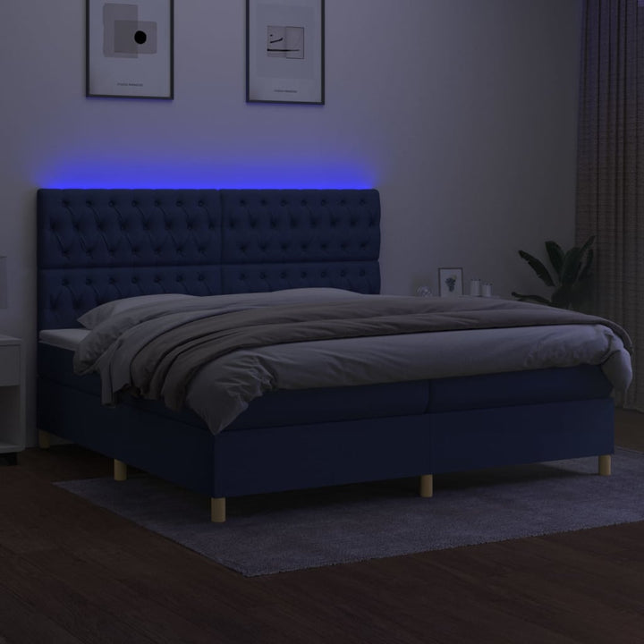 kontinentalseng med LED-lys 200x200 cm stof blå