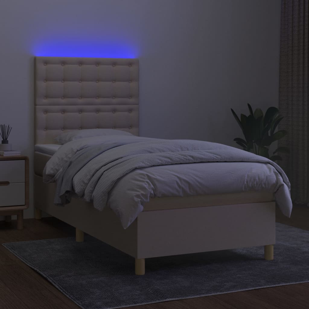 kontinentalseng med LED-lys 90x190 cm stof cremefarvet
