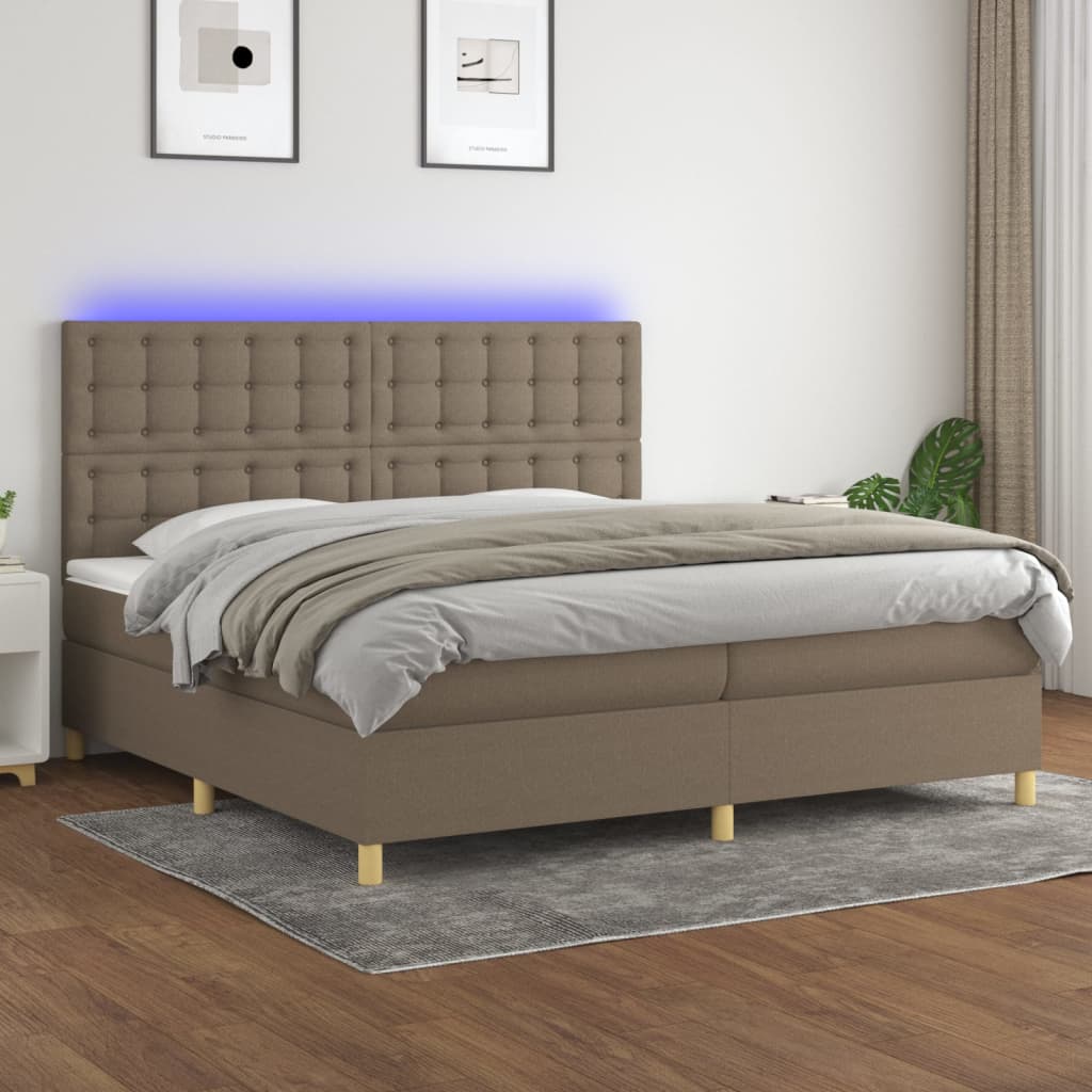 kontinentalseng med LED-lys 200x200 cm stof gråbrun