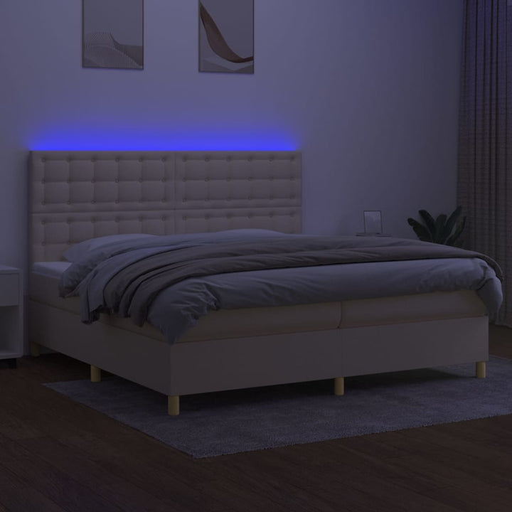 kontinentalseng med LED-lys 200x200 cm stof cremefarvet
