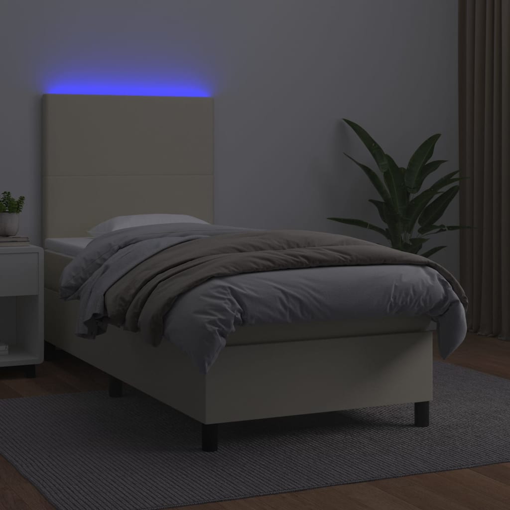 kontinentalseng med LED-lys 90x190 cm kunstlæder cremefarvet