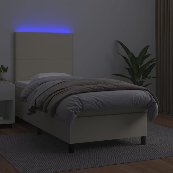 kontinentalseng med LED-lys 90x190 cm kunstlæder cremefarvet