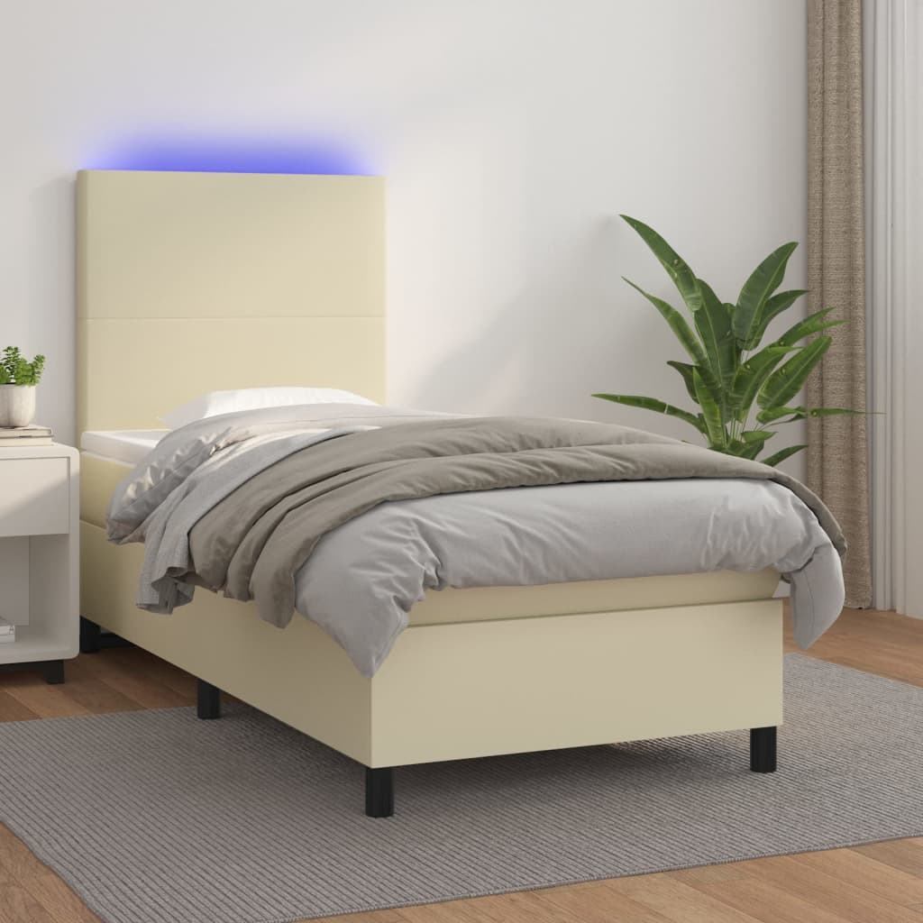 kontinentalseng med LED-lys 90x200 cm kunstlæder cremefarvet