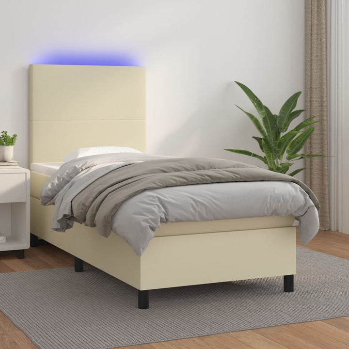 kontinentalseng med LED-lys 90x200 cm kunstlæder cremefarvet