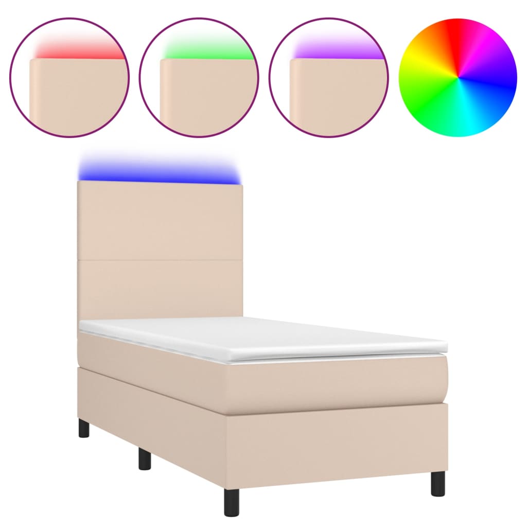 kontinentalseng LED-lys 90x200 cm kunstlæder cappuccinofarvet