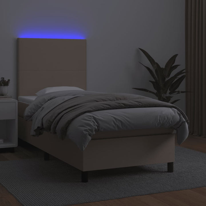 kontinentalseng LED-lys 90x200 cm kunstlæder cappuccinofarvet