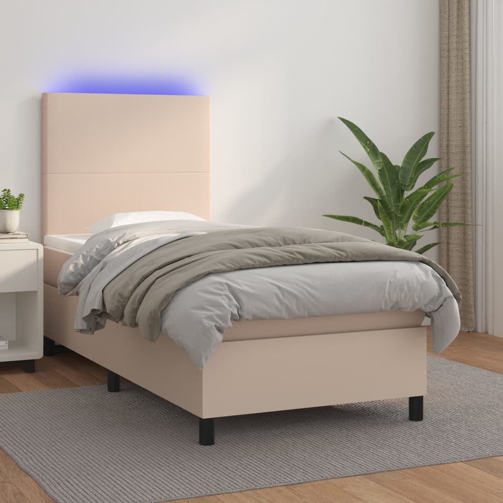 kontinentalseng LED-lys 90x200 cm kunstlæder cappuccinofarvet