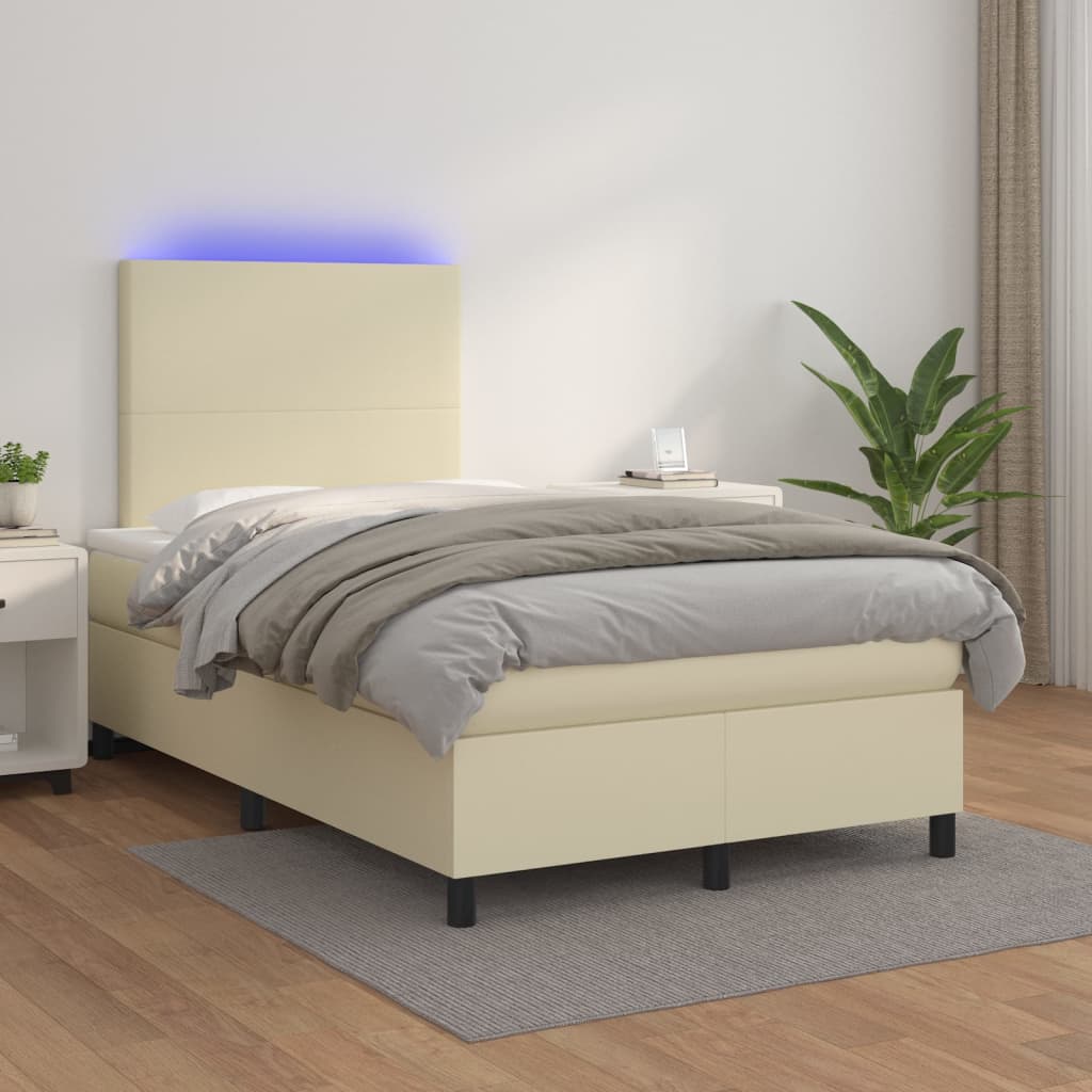 kontinentalseng med LED-lys 120x200 cm kunstlæder cremefarvet