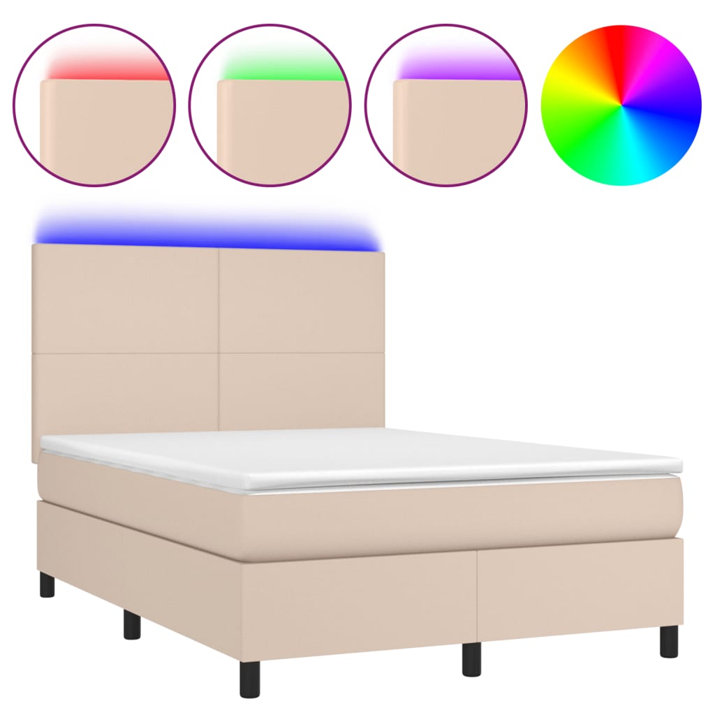 kontinentalseng LED-lys 140x190 cm kunstlæder cappuccinofarvet