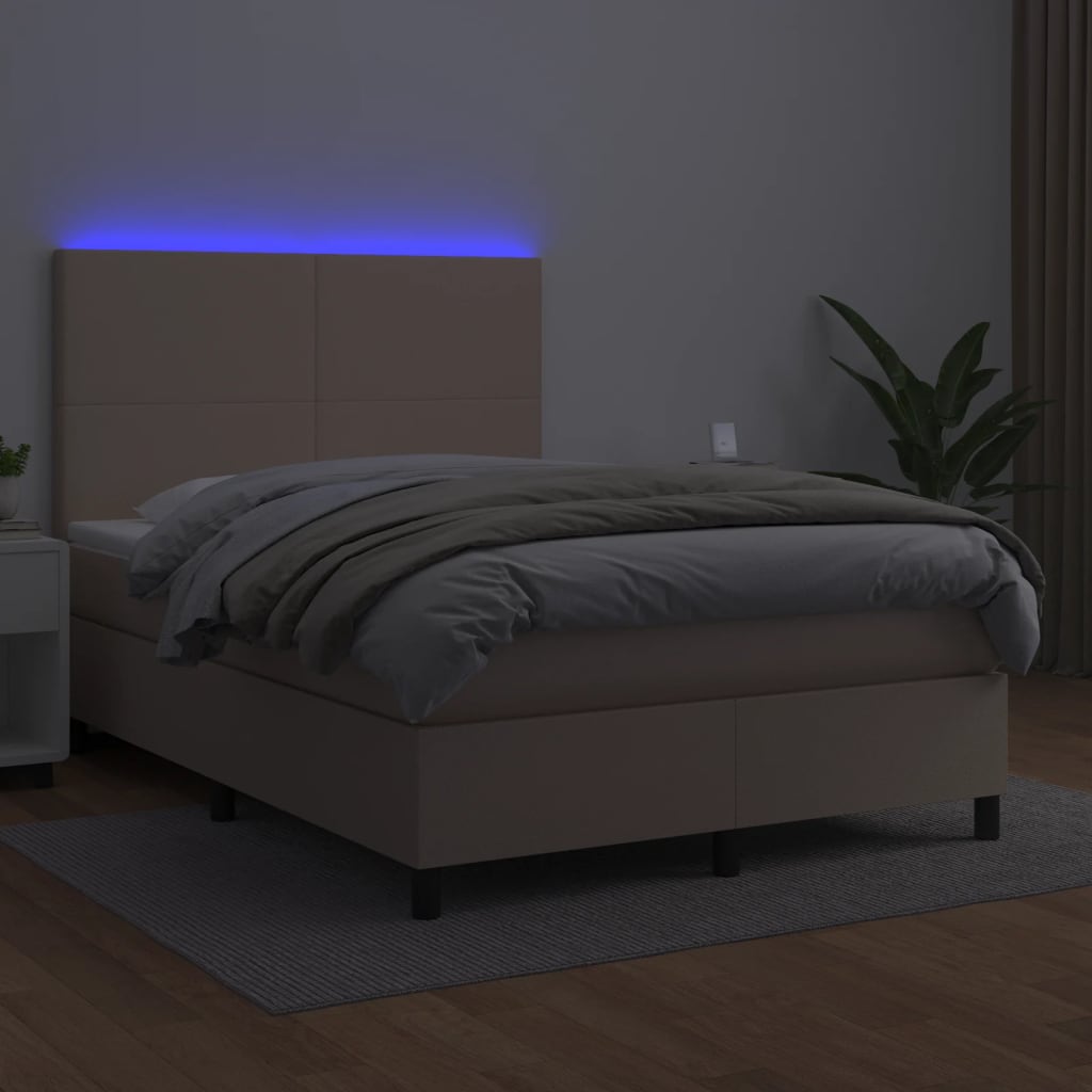 kontinentalseng LED-lys 140x190 cm kunstlæder cappuccinofarvet