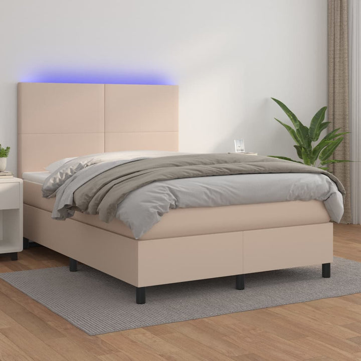 kontinentalseng LED-lys 140x190 cm kunstlæder cappuccinofarvet