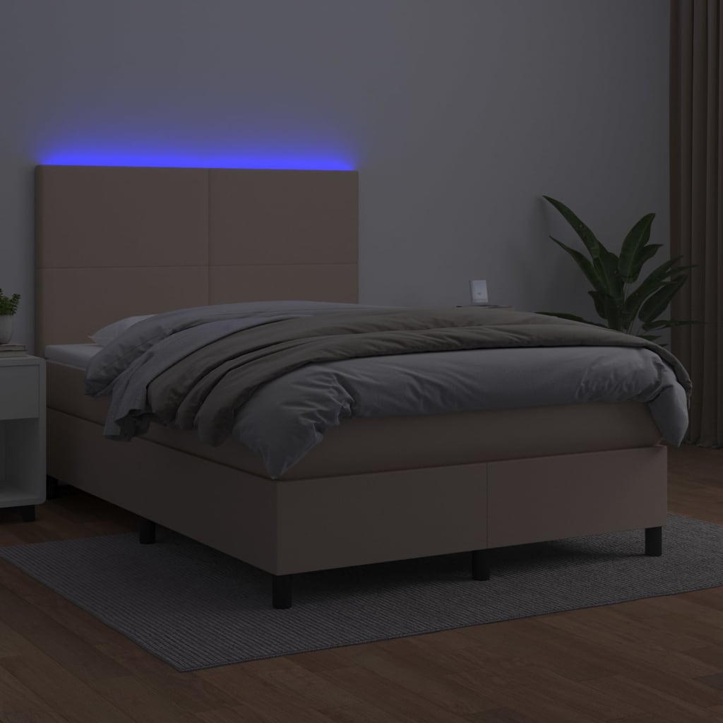 kontinentalseng LED-lys 140x200 cm kunstlæder cappuccinofarvet