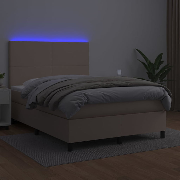 kontinentalseng LED-lys 140x200 cm kunstlæder cappuccinofarvet