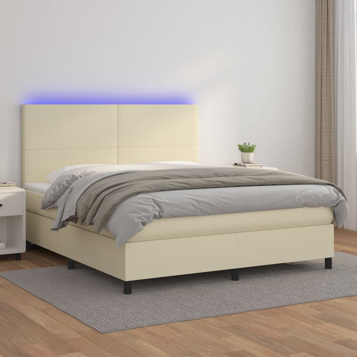 kontinentalseng med LED-lys 160x200 cm kunstlæder cremefarvet