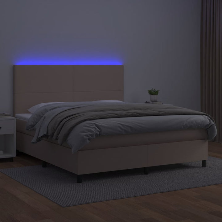 kontinentalseng LED-lys 180x200 cm kunstlæder cappuccinofarvet