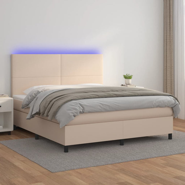 kontinentalseng LED-lys 180x200 cm kunstlæder cappuccinofarvet