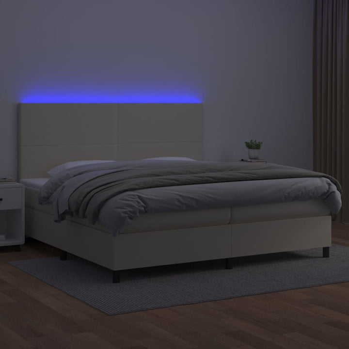kontinentalseng med LED-lys 200x200 cm kunstlæder cremefarvet