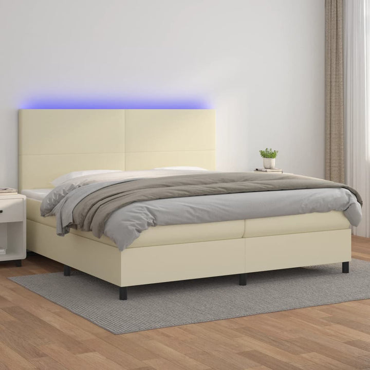 kontinentalseng med LED-lys 200x200 cm kunstlæder cremefarvet