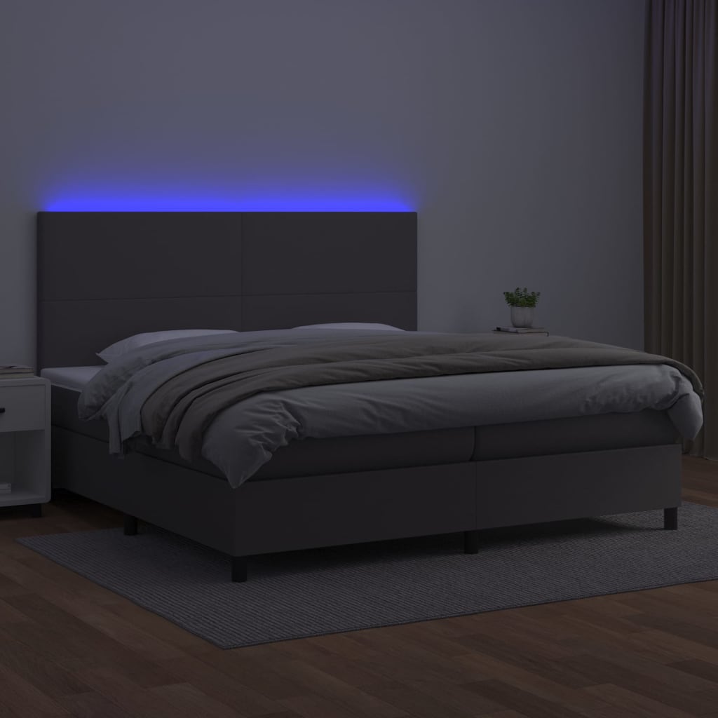 kontinentalseng med LED-lys 200x200 cm kunstlæder grå