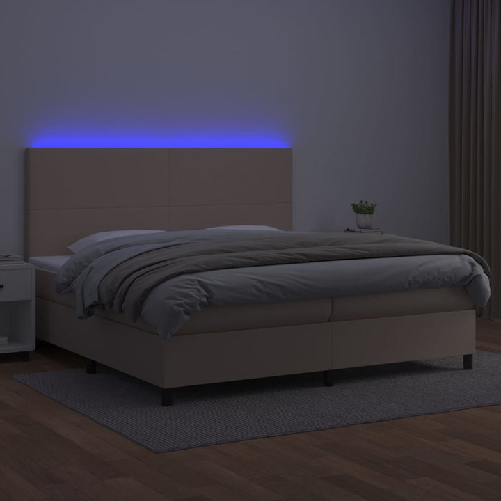 kontinentalseng LED-lys 200x200 cm kunstlæder cappuccinofarvet