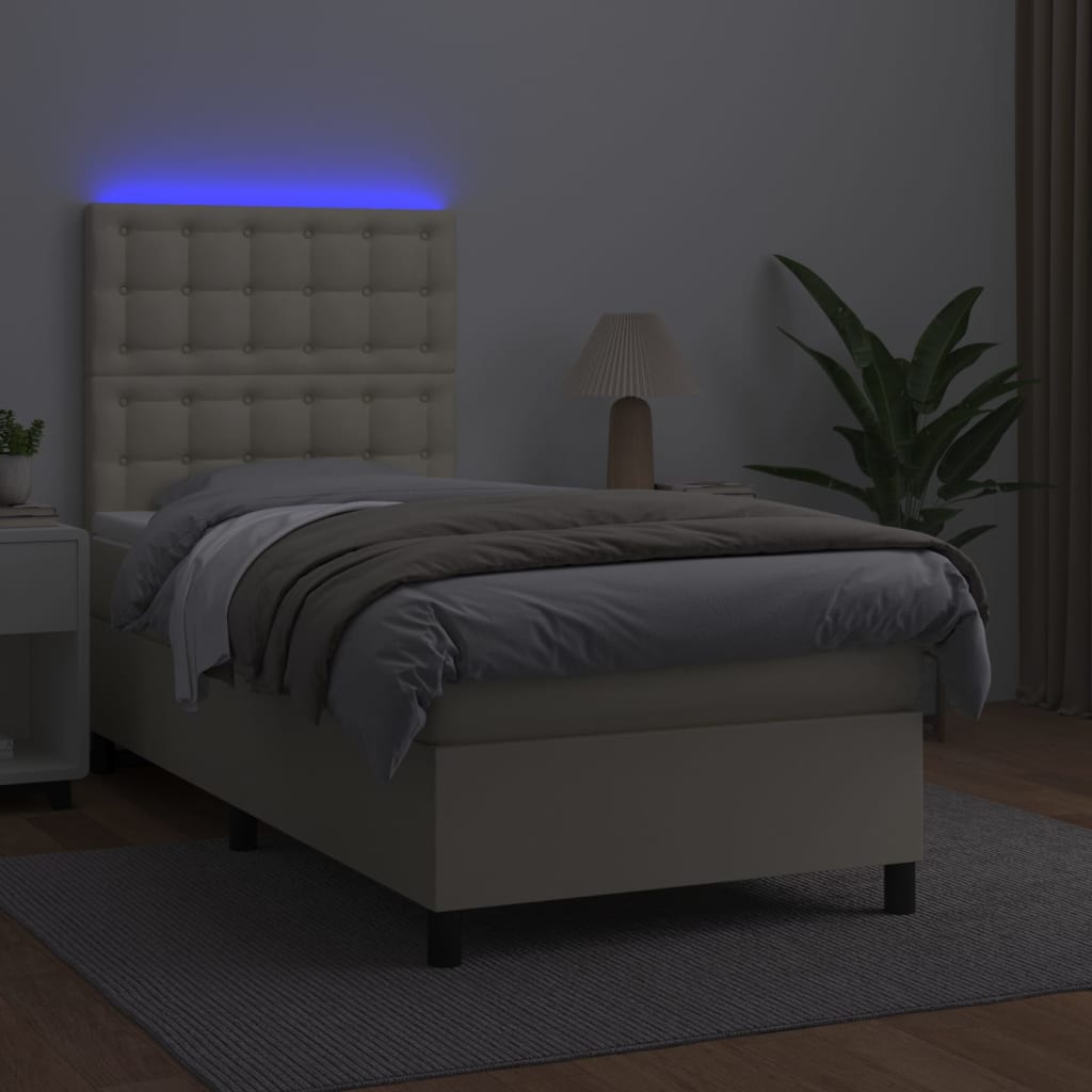 kontinentalseng med LED-lys 90x190 cm kunstlæder cremefarvet